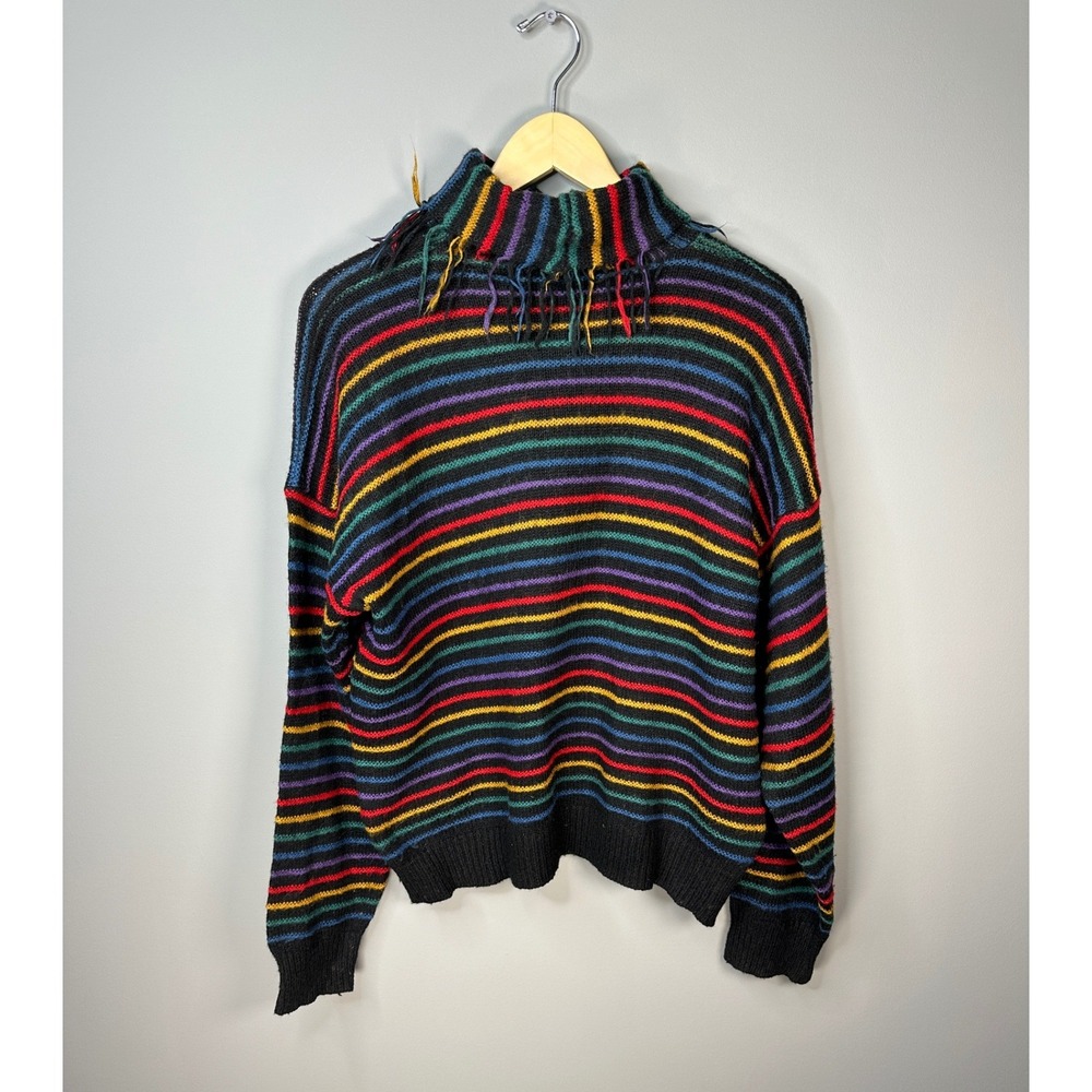 Vintage Rainbow Striped Sweater Womens L Black Multicolor Fringe Mock Neck